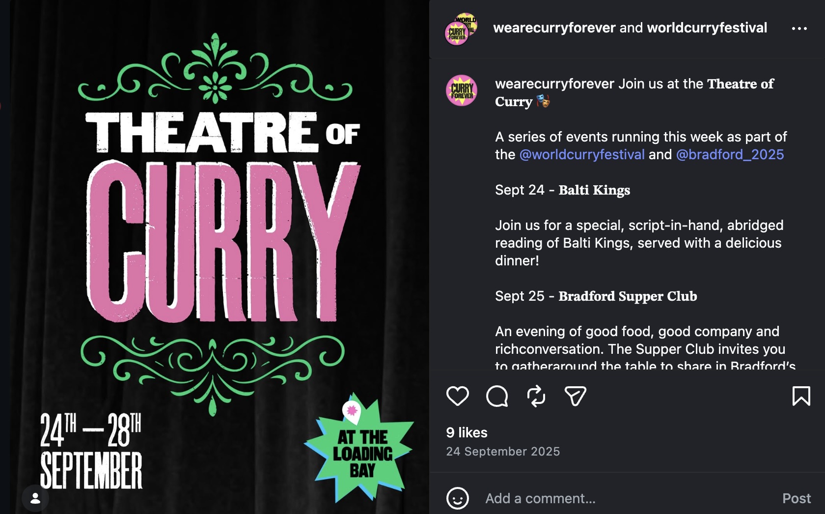 Theatre of Curry, 24th–28th September at The Loading Bay — Instagram announcement
