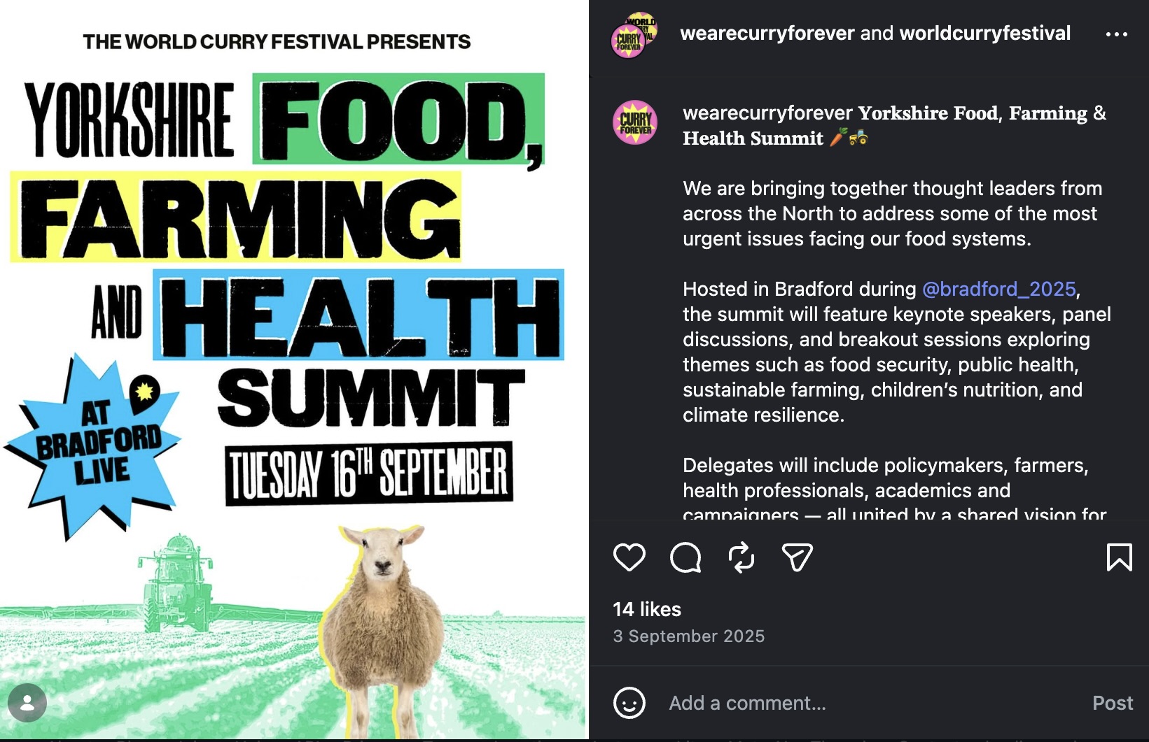 Yorkshire Food, Farming and Health Summit — Tuesday 16th September at Bradford Live, festival poster
